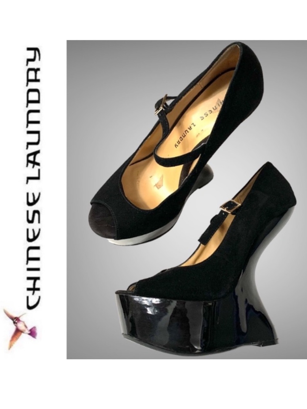 Chinese Laundry "China Doll" Illusion Heel Black Suede/Patent Mary Jane's- 9